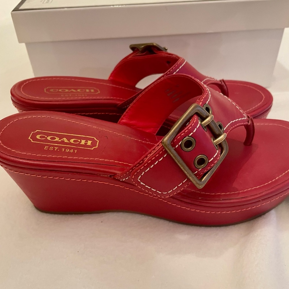 Coach red leather, wedge sandals.